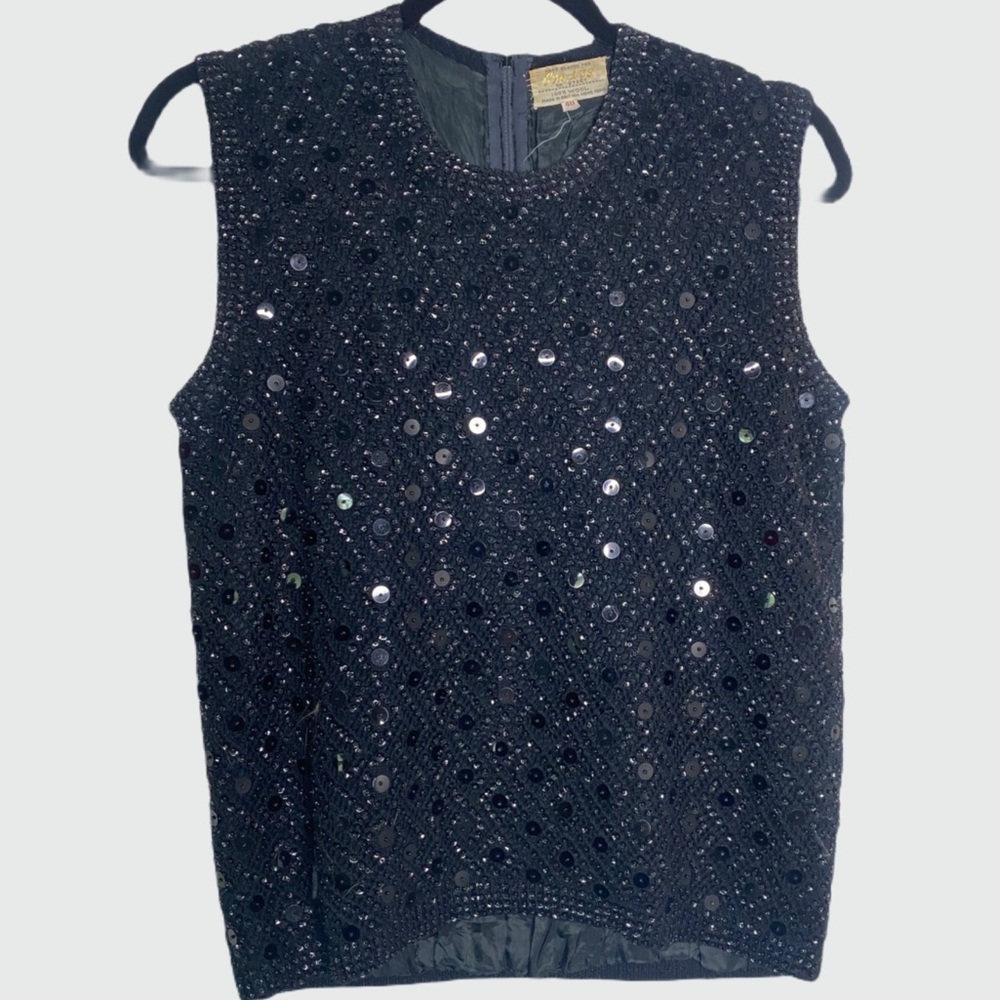 Vintage Cyn Les 50s 60s Hand beaded black top - Picture 1 of 4